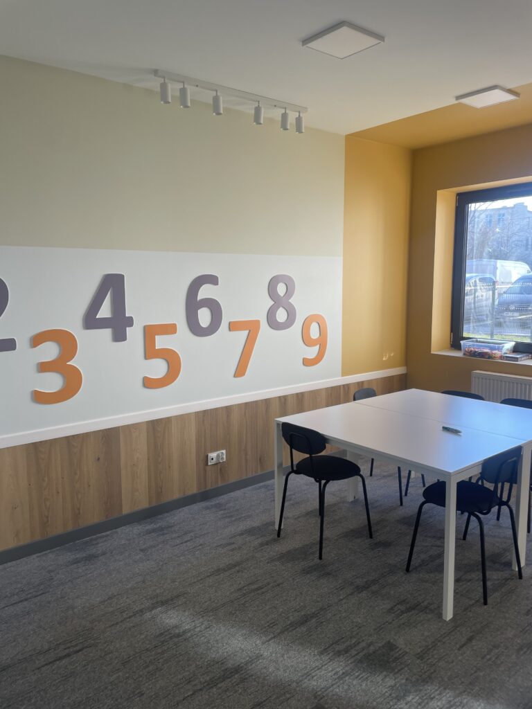 Sala do zajęć z matematyki z cyframi na ścianie – MatPlus Wrocław Jagodno/Wojszyce