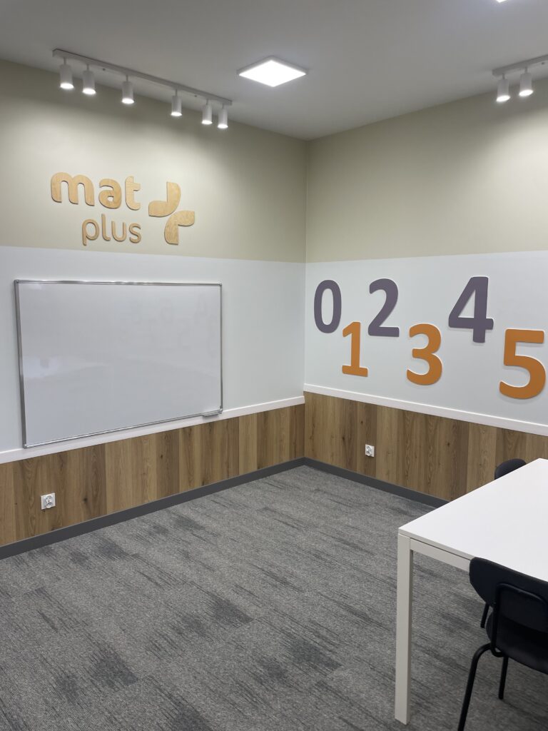 Sala lekcyjna z tablicą i logo MatPlus – MatPlus Wrocław Jagodno/Wojszyce